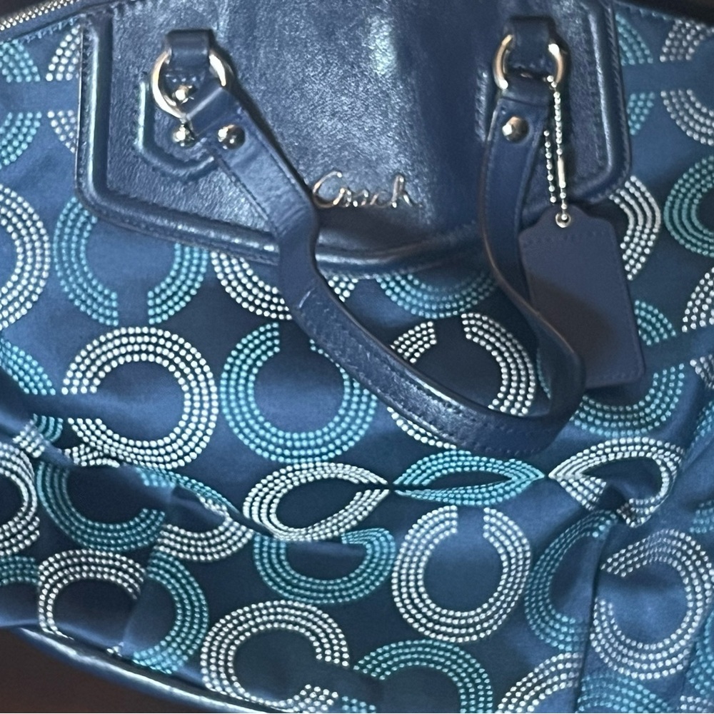 Blue Coach Tote - Leather trim on front, straps, & bottom